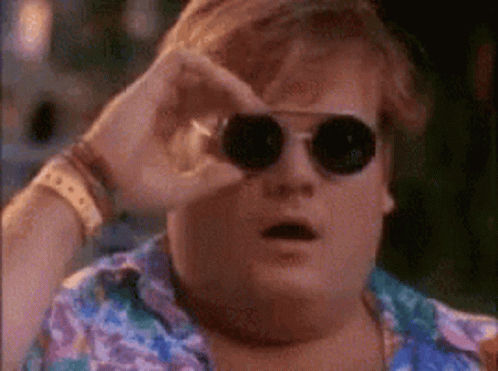 A Fat Man Wearing Sunglasses And A Hawaiian Shirt Is Looking Through His Sunglasses . GIF