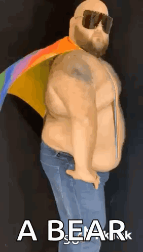 A Fat Man With A Rainbow Flag Around His Neck Is Wearing Sunglasses And A Cape . GIF