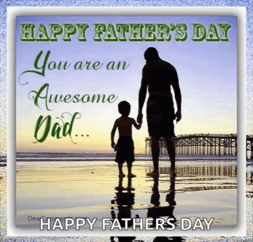 A Father And Son Are Standing On A Beach Holding Hands And Wishing Each Other A Happy Father 'S Day . GIF