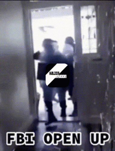 A Fbi Open Up Sign With A Picture Of People Walking Through A Doorway GIF