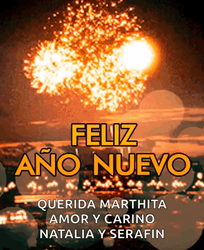 A Feliz Ano Nuevo Greeting Card With Fireworks Behind It GIF