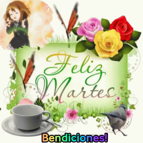 A Feliz Martes Sign With Flowers And A Cup Of Coffee On A Saucer GIF