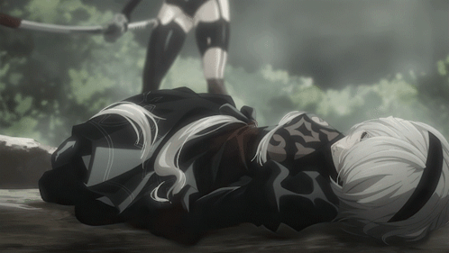 A Female Anime Character Laying On The Ground With A Sword Behind Her GIF