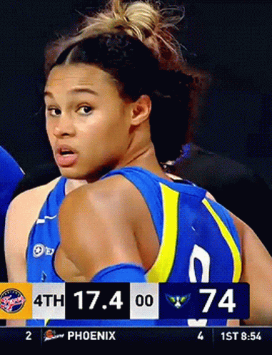 A Female Basketball Player Stands In Front Of A Scoreboard That Says 4Th 17.4 00 74 GIF