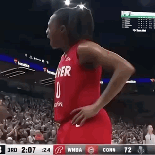 A Female Basketball Player Wearing A Red Jersey That Says Denver On It GIF
