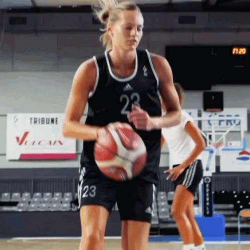 A Female Basketball Player Wearing Number 23 Is Dribbling A Ball GIF