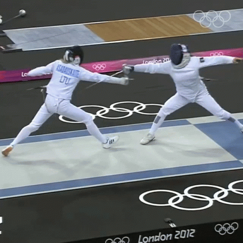 A Fencer Wearing A Blue Shirt That Says Kazakhstan On It GIF