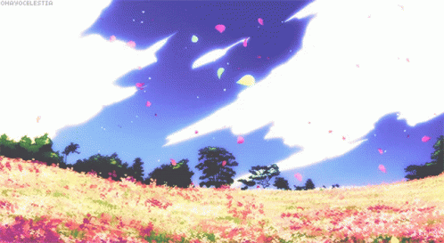 A Field Of Pink Flowers With A Blue Sky In The Background And The Words Omayocelestia On The Bottom GIF