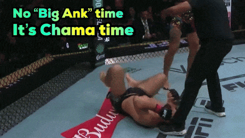 A Fighter Is Laying On The Ground With The Words " No Big Ank " Time It 'S Chama Time Above Them GIF