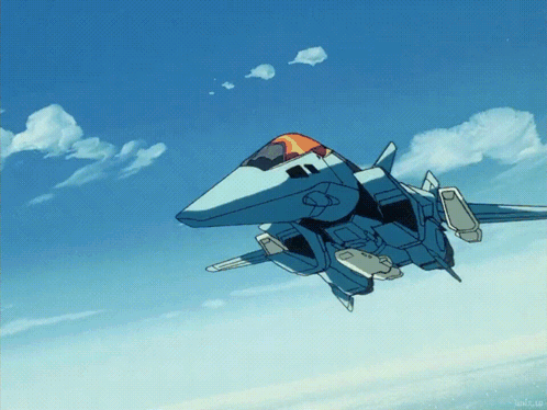 A Fighter Jet Is Flying Through A Blue Sky With A Few Clouds In It GIF