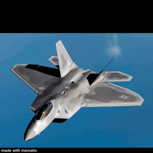 A Fighter Jet Is Flying Through A Blue Sky With Smoke Coming Out Of It GIF