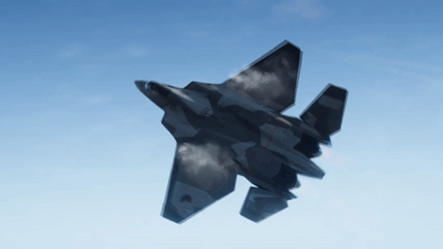A Fighter Jet Is Flying Through A Blue Sky With Smoke Coming Out Of It GIF