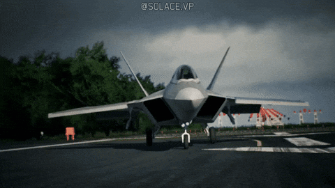 A Fighter Jet On A Runway With The Hashtag @ Solace.vp Above It GIF