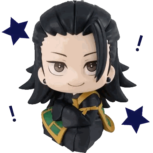 a figurine of a man with long black hair is surrounded by blue stars and an exclamation point
