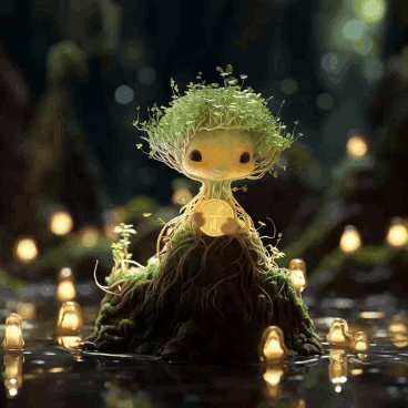 A Figurine Of A Tree With Roots And Leaves GIF