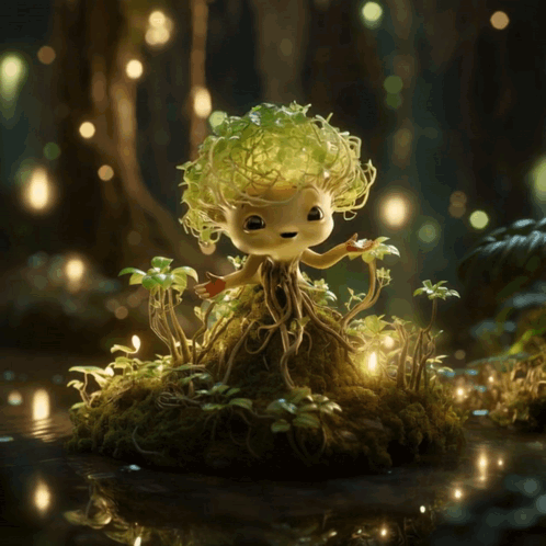 A Figurine Of A Tree With Roots And Leaves On It GIF