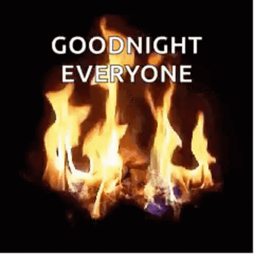 A Fire Is Burning In A Fireplace With The Words `` Goodnight Everyone '' Above It . GIF