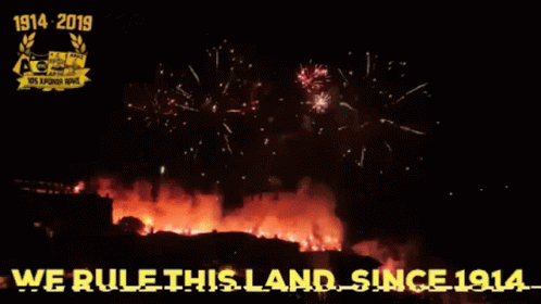 A Fireworks Display With The Words " We Rule This Land Since 1914 " GIF