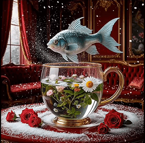 A Fish Is Jumping Out Of A Cup Of Water With Flowers GIF