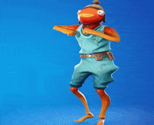 A Fish Wearing A Hat And Scarf Is Smiling In A Room . GIF