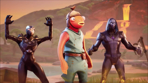 A Fish With A Bird On Its Head Is Standing Next To A Man And A Woman GIF