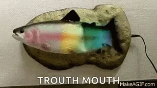 A Fish With A Rainbow In Its Mouth Is Sitting On A Rock On A Table . GIF