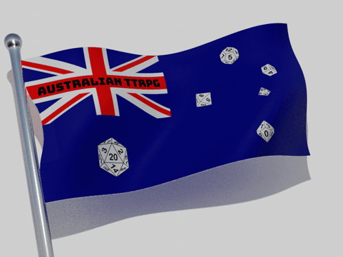A Flag That Says Australian Ttrpg With Dice On It GIF