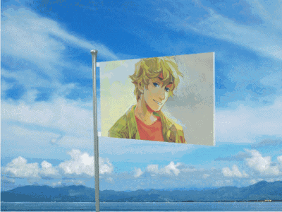 A Flag With A Picture Of A Boy Flying In The Wind GIF