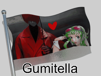 A Flag With A Picture Of A Man And A Girl With Gumitella Written On It GIF