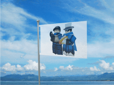 A Flag With A Picture Of Two Roblox Characters Flying In The Wind GIF