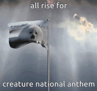 A Flag With A Seal On It And The Words All Rise For Creature National Anthem Above It GIF