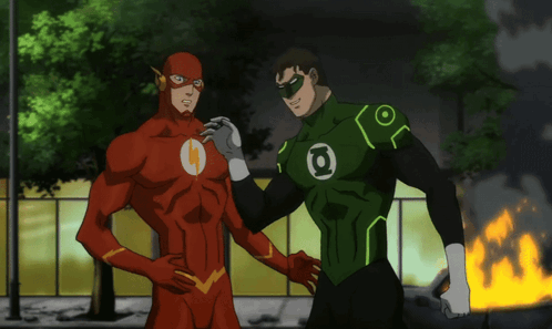 A Flash And A Green Lantern Stand Next To Each Other GIF