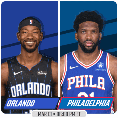 A Flyer For A Basketball Game Between Orlando And Philadelphia On March 13 GIF