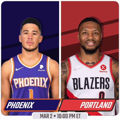 A Flyer For A Basketball Game Between The Phoenix And Portland Blazers GIF
