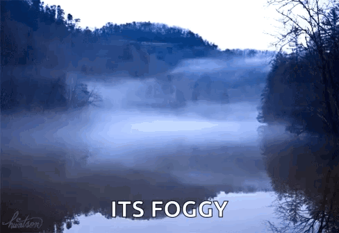 A Foggy Lake Surrounded By Trees And Mountains With The Words " Its Foggy " Above It GIF