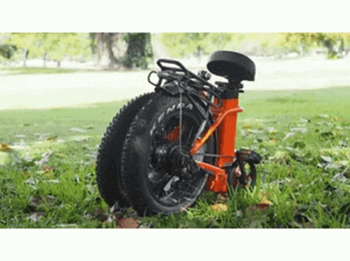 A Folding Bike Is Sitting In The Grass In A Park . GIF