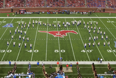 a football field with a mustang logo on the field