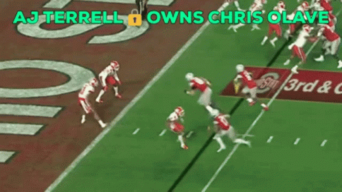 A Football Field With The Words Aj Terrell Owns Chris Olave On Top GIF