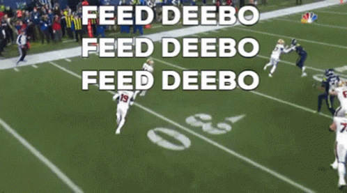 A Football Field With The Words Feed Deebo Feed Deebo Feed Deebo On The Top GIF