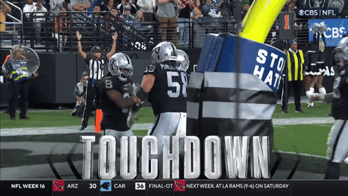 A Football Game Is Being Played And The Word Touchdown Is On The Screen GIF