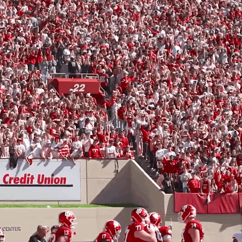 a football game is being played in a stadium with a credit union sign