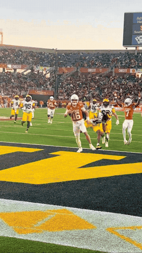 a football game is being played in a stadium with a large m on the field