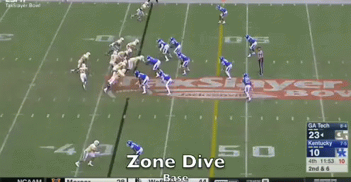 a football game is being played in front of a sign that says zone dive