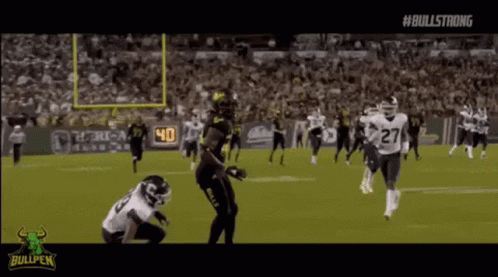 A Football Game Is Being Played On A Field With A Bullpen Logo In The Background . GIF
