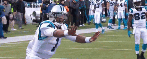 A Football Player In A Carolina Panthers Uniform Is Standing On A Field . GIF