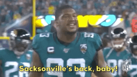 A Football Player In A Jaguars Jersey Says Sacksville 'S Back Baby . GIF