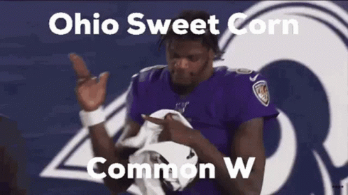 A Football Player In A Purple Jersey Is Pointing At Something . GIF