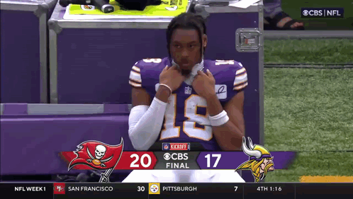 A Football Player In A Purple Jersey With The Number 19 On The Front GIF