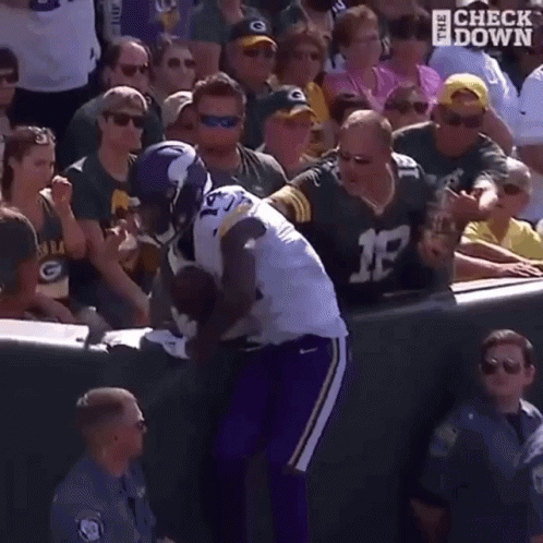 a football player is being tackled by a fan while a crowd watches .