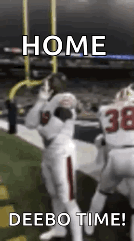 A Football Player Is Catching A Ball On A Field With The Caption `` Home Deebo Time '' . GIF